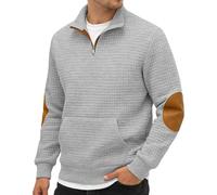 Felpa da uomo con cerniera a un quarto e colletto alla coreana a | Loose Fit Pullover senza cappuccio Felpe con tasca a canguro Tinta unita Gomito Patch Pullover Texture Autunno Inverno