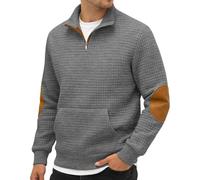 Felpa da uomo con cerniera a un quarto e colletto alla coreana a | Loose Fit Pullover senza cappuccio Felpe con tasca a canguro Tinta unita Gomito Patch Pullover Texture Autunno Inverno