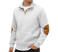 Felpa da uomo con cerniera a un quarto e colletto alla coreana a | Loose Fit Pullover senza cappuccio Felpe con tasca a canguro Tinta unita Gomito Patch Pullover Texture Autunno Inverno