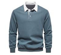 Felpa da uomo, con colletto polo, a maniche lunghe, invernale, calda, casual, in tinta unita, basic, in cotone, classica, alla moda, per il tempo libero, con bottoni, Blu, XL