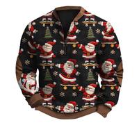 Felpa da uomo con mezza zip, alla moda con stampa di Babbo Natale 3D, vestibilità aderente, senza cappuccio, per adulti, a maniche lunghe, con toppe sui gomiti, felpa elastica, Nero , XXL