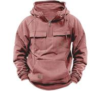 Felpa da uomo con mezza zip, stile cargo, vintage, a maniche lunghe, con coulisse, per primavera e autunno, tinta unita, in pile, casual, alla moda, multi tasche, vestibilità larga, comoda, Rosso, S