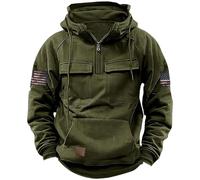 Felpa da uomo con zip 1/4, stile militare, con stampa a bandiera, tasche sul petto, collo alto, felpa con cappuccio, sport, palestra, allenamento, casual, escursionismo, maniche lunghe, Verde, L