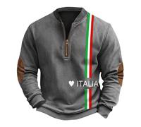 Felpa da uomo con zip a 1/4, con stampa 3D con bandiera italiana, tinta unita, top per adulti, a maniche lunghe, elasticizzato, in pile di cotone, felpa senza cappuccio con toppe sui gomiti, morbida e