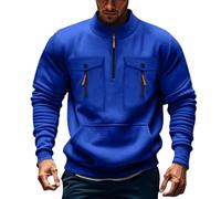 Felpa da uomo con zip a 1/4, senza cappuccio, invernale, oversize, con molte tasche, maglione a collo alto, in tinta unita, classica, Blu, L