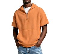 Felpa da uomo con zip a un quarto a maniche corte con cappuccio a nido d'ape casual smart, Arancione, 3XL