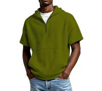 Felpa da uomo con zip a un quarto a maniche corte con cappuccio a nido d'ape casual smart, Verde scuro, L