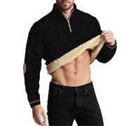 Felpa da uomo con zip a un quarto, con toppa sul gomito, foderata in pile Sherpa, pullover invernale spesso caldo alla moda casual confortevole lavoro all'aperto mezza zip maglioni termici, Nero , XXL