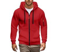 Felpa da uomo con zip intera, a maniche lunghe, con tasche, in tessuto elastico, a tinta unita, versatile, ideale per il tempo libero, con cappuccio, design alla moda, vestibilità ampia, Rosso, M