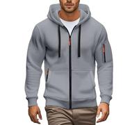 Felpa da uomo con zip intera, a maniche lunghe, con tasche, in tessuto elastico, a tinta unita, versatile, ideale per il tempo libero, con cappuccio, design alla moda, vestibilità ampia, Cenere Chiaro