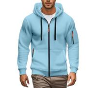 Felpa da uomo con zip intera, a maniche lunghe, con tasche, in tessuto elastico, a tinta unita, versatile, ideale per il tempo libero, con cappuccio, design alla moda, vestibilità ampia, blu cielo, XL