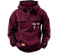 Felpa da uomo in pile tinta unita con stampa bandiera a mezza zip, a maniche lunghe, con coulisse, multi tasche, con cappuccio, vestibilità ampia, antivento, caldo, alla moda, per lavoro all'aperto