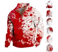 Felpa da uomo per Halloween, stampa macchie di sangue, con bottoni e colletto rialzato, con motivo a schizzi, a maniche lunghe, Henley, costumi per le vacanze, Sanguinoso-7, XXXL
