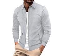 Felpa da uomo senza cappuccio, in cotone, leggera, con chiusura lampo, con colletto polo, per il tempo libero, per la corsa, per lo sport all'aria aperta, a maniche lunghe, da aviatore, grigio., 3XL