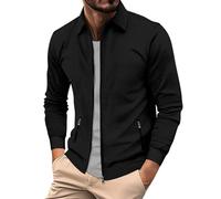 Felpa da uomo senza cappuccio, in cotone, leggera, con chiusura lampo, con colletto polo, per il tempo libero, per la corsa, per lo sport all'aria aperta, a maniche lunghe, da aviatore, Nero , 3XL