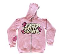 Felpa da uomo Trendy Y2K con stampa da lettera, oversize, con cerniera, alla moda, per un look urbano, stile streetwear, americano, stile retrò, hip hop streetwear, O rosa., L