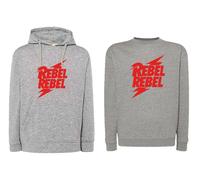 Felpa DAVID BOWIE rebel rebel rock grigia con cappuccio o girocollo stampa rossa