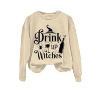 Felpa di Halloween Per Le Donne Drink Up Streghe Cappello Strega Stampato Girocollo Top Felpe Costumi Abiti da Donna 2025 Pullover Adulto, Beige, XXL