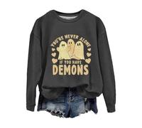 Felpa di Halloween per le donne fantasma non sei mai solo se hai demoni felpe girocollo stampate costumi per adulti 2025 Pullover abiti da donna, Grigio scuro, S