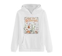 Felpa di Halloween per le donne felpe con cappuccio Long Live Pumpkin Face Ghost Moon Bats Tasche stampate Felpe con cappuccio allentate da donna 2025 Costumi Abiti Pullover Adulto, bianco, M