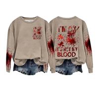 Felpa di Halloween per le donne Im Ok It's Not My Blood Bloody Pumpkin Face Girocollo Carino Felpe Costumi Pullover Abiti 2025 Donne adulte, cachi, XL