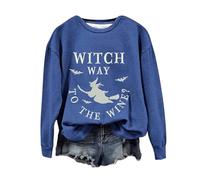 Felpa di Halloween Per Le Donne Witch Way To The Wine Bat Stampato Carino Girocollo Casual Felpe Abiti per adulti 2025 Costumi Pullover da donna, Blu, S