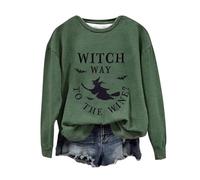 Felpa di Halloween Per Le Donne Witch Way To The Wine Bat Stampato Carino Girocollo Casual Felpe Abiti per adulti 2025 Costumi Pullover da donna, Verde, S