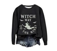 Felpa di Halloween Per Le Donne Witch Way To The Wine Bat Stampato Carino Girocollo Casual Felpe Abiti per adulti 2025 Costumi Pullover da donna, Nero , S
