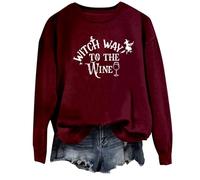 Felpa di Halloween Per Le Donne Witch Way To The Wine Hat Stampato Girocollo Top Felpe Costumi Abiti Donna Adulto Pullover 2025, Rosso, S