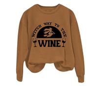 Felpa di Halloween Per Le Donne Witch Way To The Wine Stampato Girocollo Manica Lunga Felpe Costumi Abiti per Adulti 2025 Pullover Ladies, Marrone, S