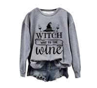 Felpa di Halloween Per Le Donne Witch Way To The Wine Stampato Girocollo Top Autunno Felpe Costumi Abiti Da Donna Pullover Adulto 2025, Grigio, S