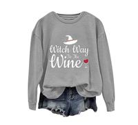 Felpa di Halloween Per Le Donne Witch Way To The Wine Stampato Girocollo Top Top Felpe Costumi Abiti Pullover Donna Adulto 2025, Grigio, S