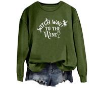 Felpa di Halloween Per Le Donne Witch Way To The Wine Stampato Manica Lunga Girocollo Felpe Costumi Abiti per Adulti Pullover da Donna 2025, Verde, S