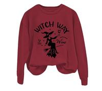 Felpa di Halloween Per Le Donne Witch Way To The Wine Stampato Manica Lunga Girocollo Felpe Costumi Abiti Per Adulti Pullover 2025 Signore, Rosso, S