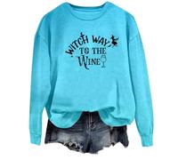 Felpa di Halloween Per Le Donne Witch Way To The Wine Stampato Manica Lunga Girocollo Felpe Costumi Abiti per Adulti Pullover da Donna 2025, Blu, S