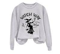 Felpa di Halloween Per Le Donne Witch Way To The Wine Stampato Manica Lunga Girocollo Felpe Costumi Abiti Per Adulti Pullover 2025 Signore, Grigio, S
