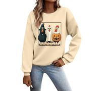 Felpa di Halloween Plus Size a maniche lunghe con cappuccio con stampa zucca classica pullover girocollo con polsino a costine top morbidi ideale per il fine settimana autunno e inverno, Beige, L