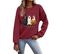 Felpa di Halloween Plus Size a maniche lunghe con cappuccio con stampa zucca classica pullover girocollo con polsino a costine top morbidi ideale per il fine settimana autunno e inverno, vino, L