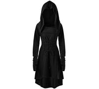 Felpa Donna con Cappuccio Vestito Manica Lunga Costume Rinascimento Strega Abito Vintage Pullover Lungo Halloween Carnevale Abbigliamento (X-Large, Nero)