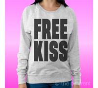 FELPA DONNA LEGGERA SWEATER GRIGIO CHIARO " FREE KISS BACI GRATIS " IDEA REGALO
