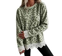 Felpa Donna Leopardata Bordi Pizzo Polsini Elasticizzati Collo Rotondo | Pullover Corpo Morbido Capo Coprente, Sweatshirt , Stile Animalier Romantico, Top Maculata, Per Aperitivi Urbani