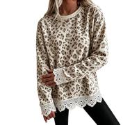 Felpa Donna Leopardata Bordi Pizzo Polsini Elasticizzati Collo Rotondo | Pullover Corpo Morbido Capo Coprente, Sweatshirt , Stile Animalier Romantico, Top Maculata, Per Aperitivi Urbani