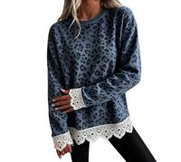 Felpa Donna Leopardata Bordi Pizzo Polsini Elasticizzati Collo Rotondo | Pullover Corpo Morbido Capo Coprente, Sweatshirt , Stile Animalier Romantico, Top Maculata, Per Aperitivi Urbani