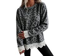 Felpa Donna Leopardata Bordi Pizzo Polsini Elasticizzati Collo Rotondo | Pullover Corpo Morbido Capo Coprente, Sweatshirt , Stile Animalier Romantico, Top Maculata, Per Aperitivi Urbani