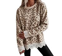 Felpa Donna Leopardata Bordi Pizzo Polsini Elasticizzati Collo Rotondo | Pullover Corpo Morbido Capo Coprente, Sweatshirt , Stile Animalier Romantico, Top Maculata, Per Aperitivi Urbani