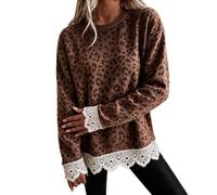Felpa Donna Leopardata Bordi Pizzo Polsini Elasticizzati Collo Rotondo | Pullover Corpo Morbido Capo Coprente, Sweatshirt , Stile Animalier Romantico, Top Maculata, Per Aperitivi Urbani