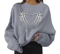 Felpa Donna Senza Cappuccio Leggera, Felpa di Halloween da Donna Skeleton Senza Cappuccio Scheletro Maglietta Maniche Lunghe Print Girocollo Felpa Top Abbigliamento Donna per Lo Sport