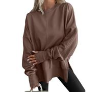 Felpa girocollo a maniche lunghe con foro per il pollice, alla moda con spacco laterale allentato casual, felpe oversize Y2k, Marrone, S