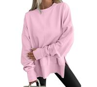 Felpa girocollo a maniche lunghe con foro per il pollice, alla moda con spacco laterale allentato casual, felpe oversize Y2k, rosa chiaro, XXL