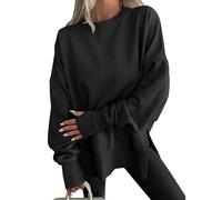 Felpa girocollo a maniche lunghe con foro per il pollice, alla moda con spacco laterale allentato casual, felpe oversize Y2k, Nero , XL